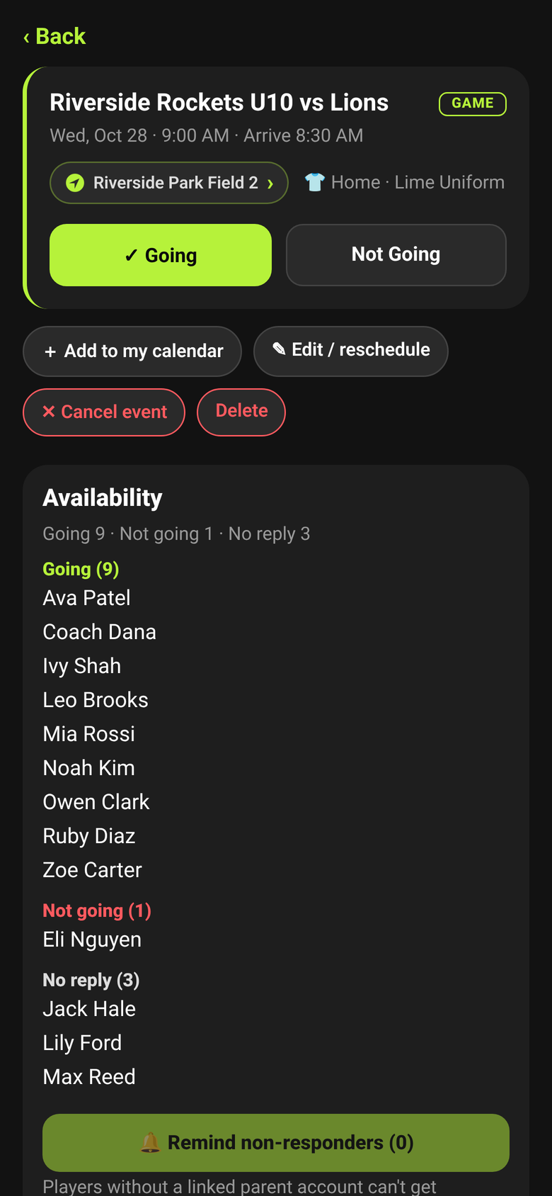 ClubGM event screen listing who is going, not going and hasn't replied